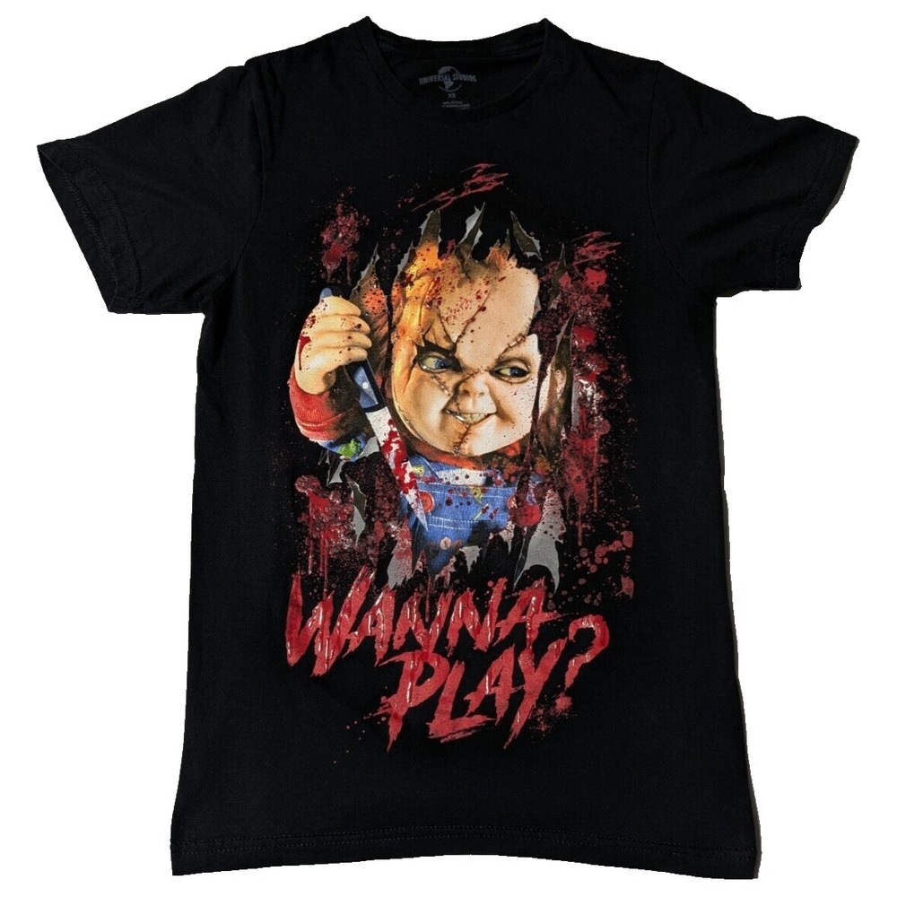 CHUCKY WANNA PLAY? UNIVERSAL STUDIOS CHILDS PLAY Textured Blood Women XS T-Shirt